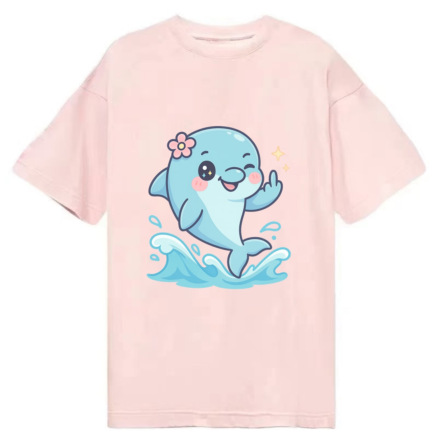 smiling dolphin jumping through ocean waves, one fin up with attitude - Classic T-shirt - Pink