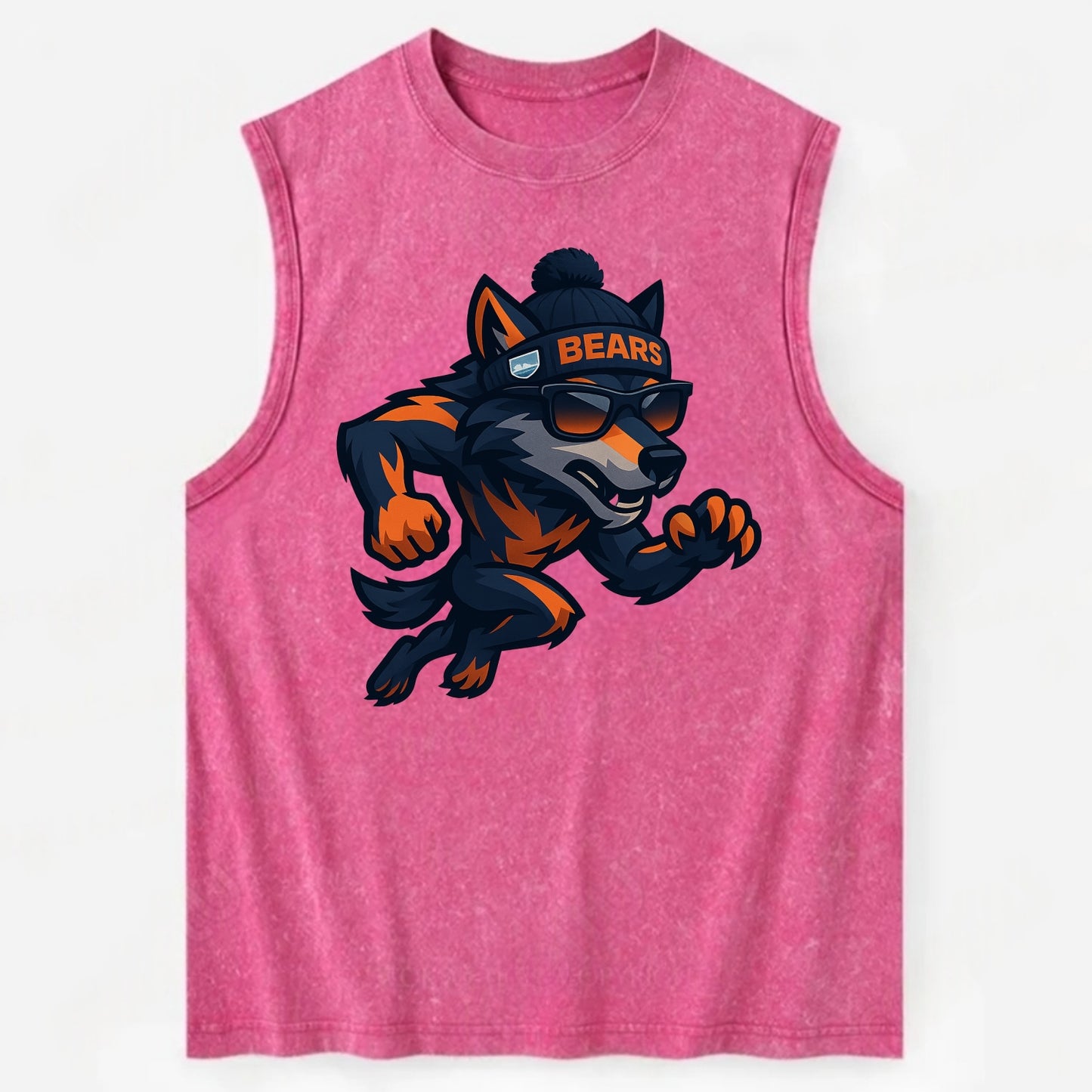 Chicago Wolf wearing Bears beanie with Lake Michigan patch and wayfarer - Vintage Washed Tank - Pink