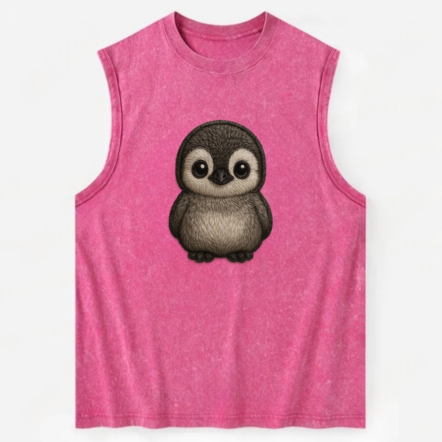 Baby Penguin Chick - gray fluffy, white face, round body, front-facing, - Vintage Washed Tank - Pink