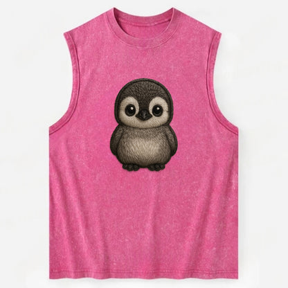 Baby Penguin Chick - gray fluffy, white face, round body, front-facing, - Vintage Washed Tank - Pink