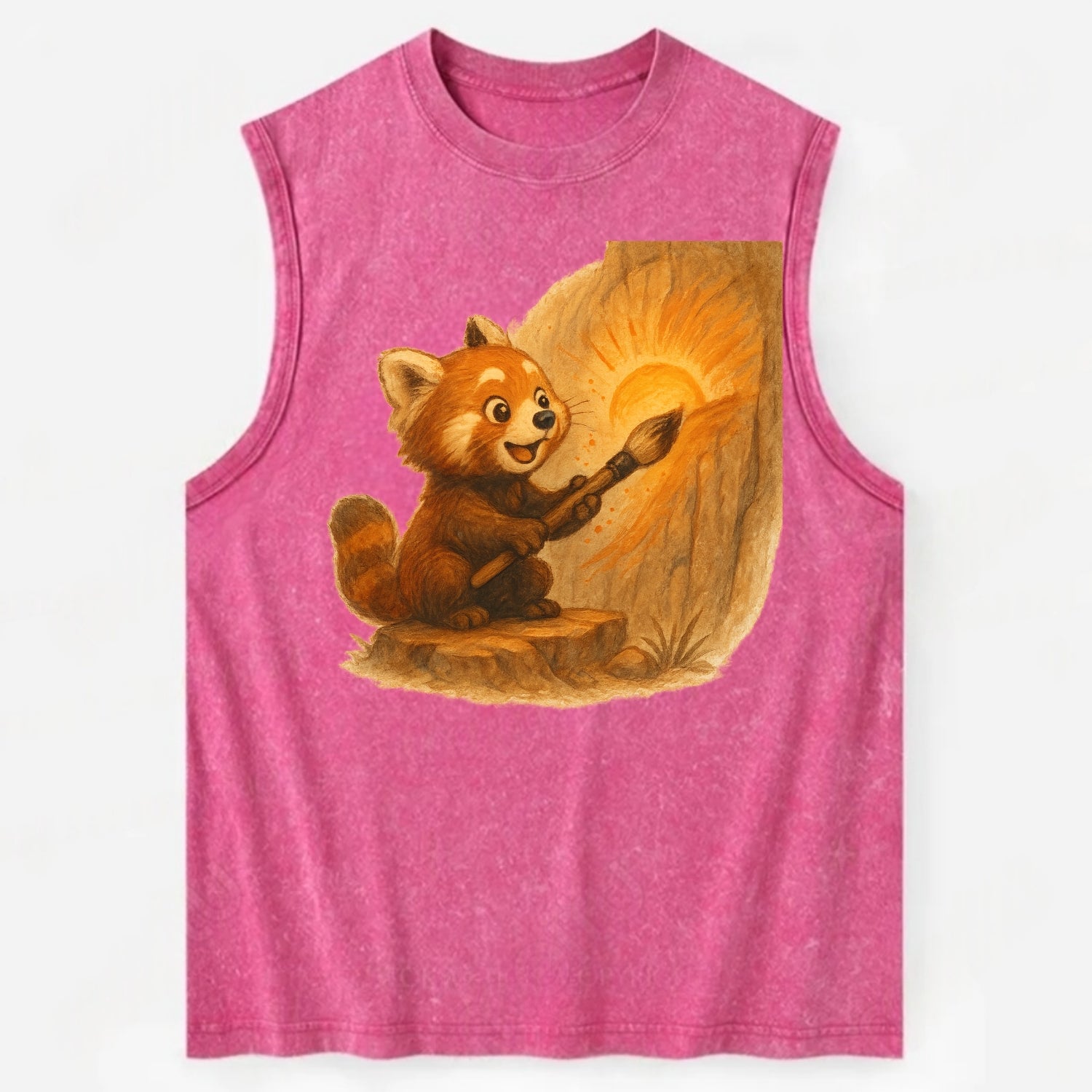 Red panda painting a sunrise mural with an oversized calligraphy brush on a - Vintage Washed Tank - Pink