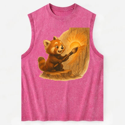 Red panda painting a sunrise mural with an oversized calligraphy brush on a - Vintage Washed Tank - Pink