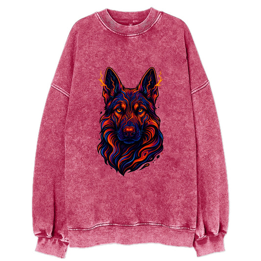 Alert German Shepherd with cyber circuit patterns in the fur, neon orange and - Vintage Sweatshirt - Pink