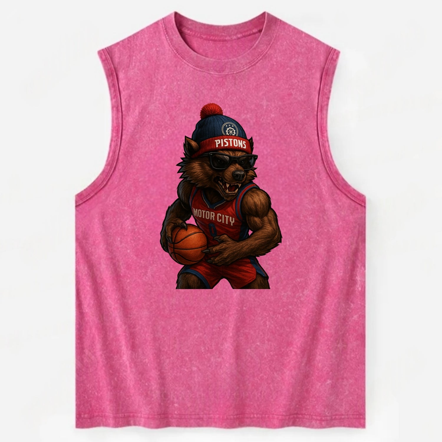Motor City Wolverine wearing Pistons beanie with gear patch and wayfarer - Vintage Washed Tank - Pink