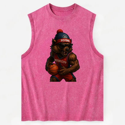 Motor City Wolverine wearing Pistons beanie with gear patch and wayfarer - Vintage Washed Tank - Pink
