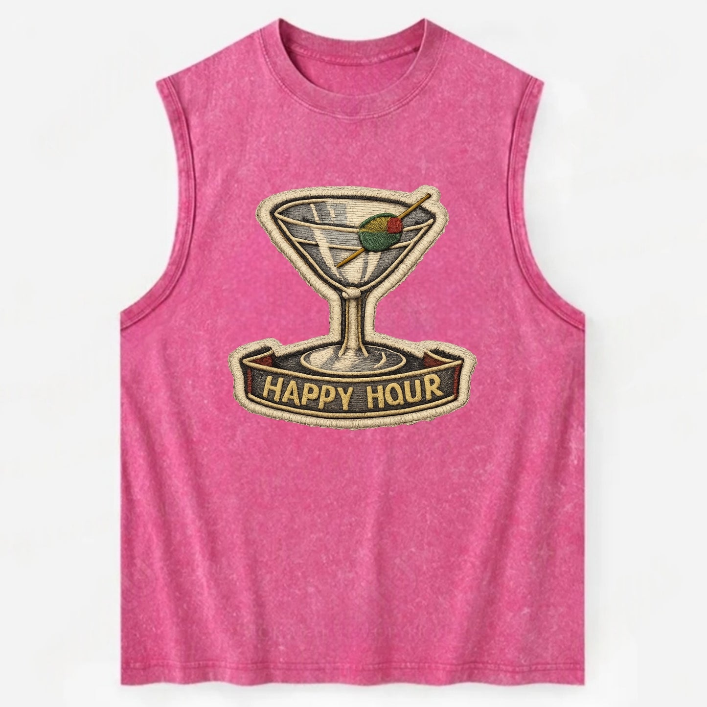 COCKTAIL MARTINI - martini glass with olive in silver and green , happy hour - Vintage Washed Tank - Pink