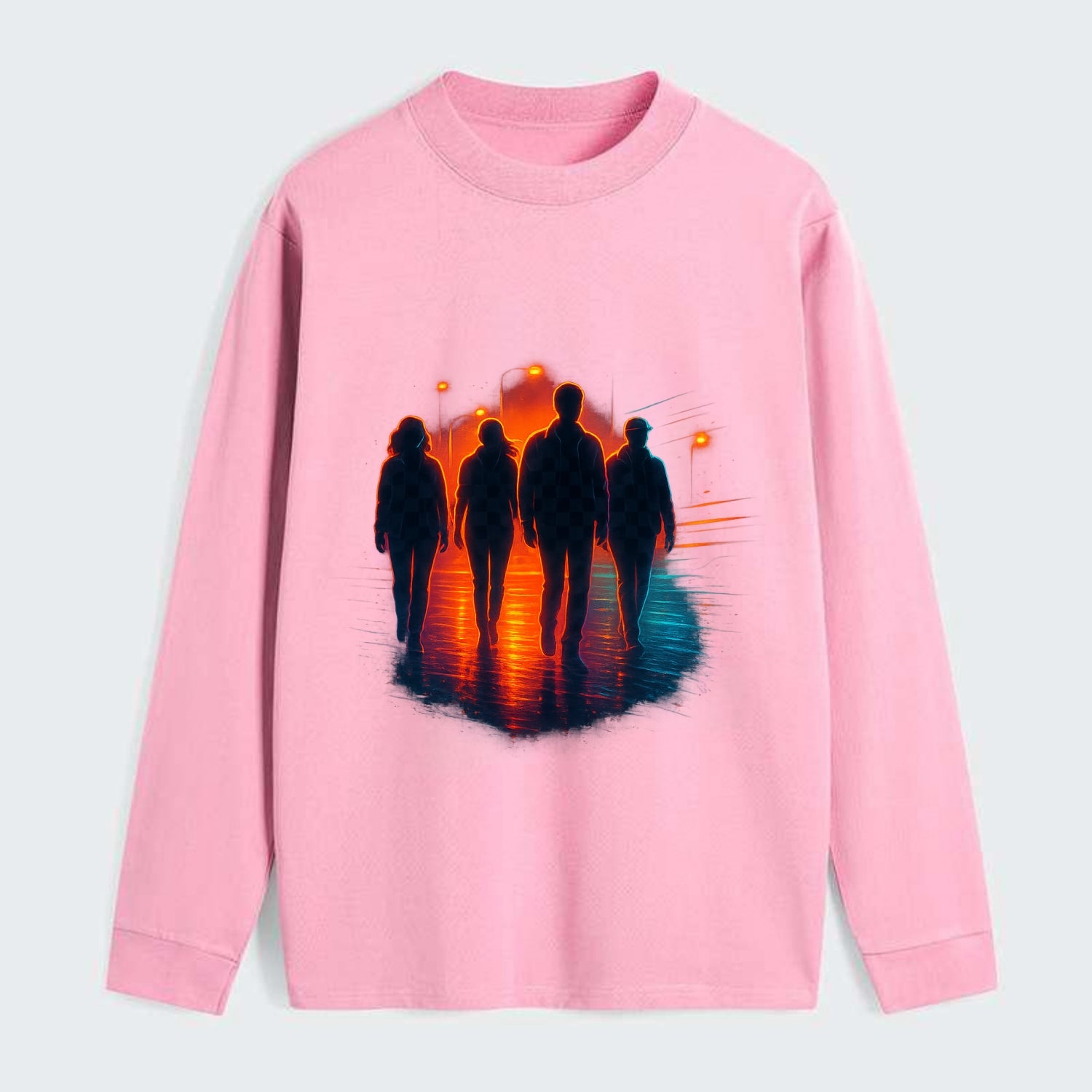 gang of silhouettes walking together at sunset by the beach - Classic Long Sleeve Shirt - Pink