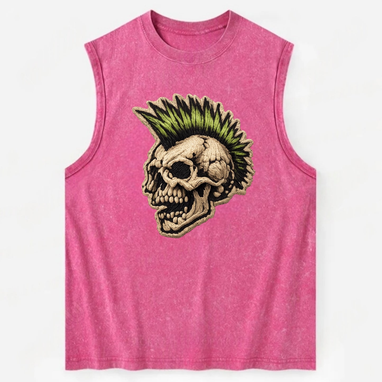 MOHAWK SKULL - punk skull with mohawk in neon green and black , punk rock - Vintage Washed Tank - Pink