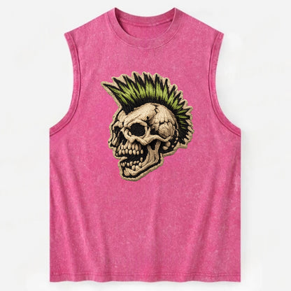 MOHAWK SKULL - punk skull with mohawk in neon green and black , punk rock - Vintage Washed Tank - Pink