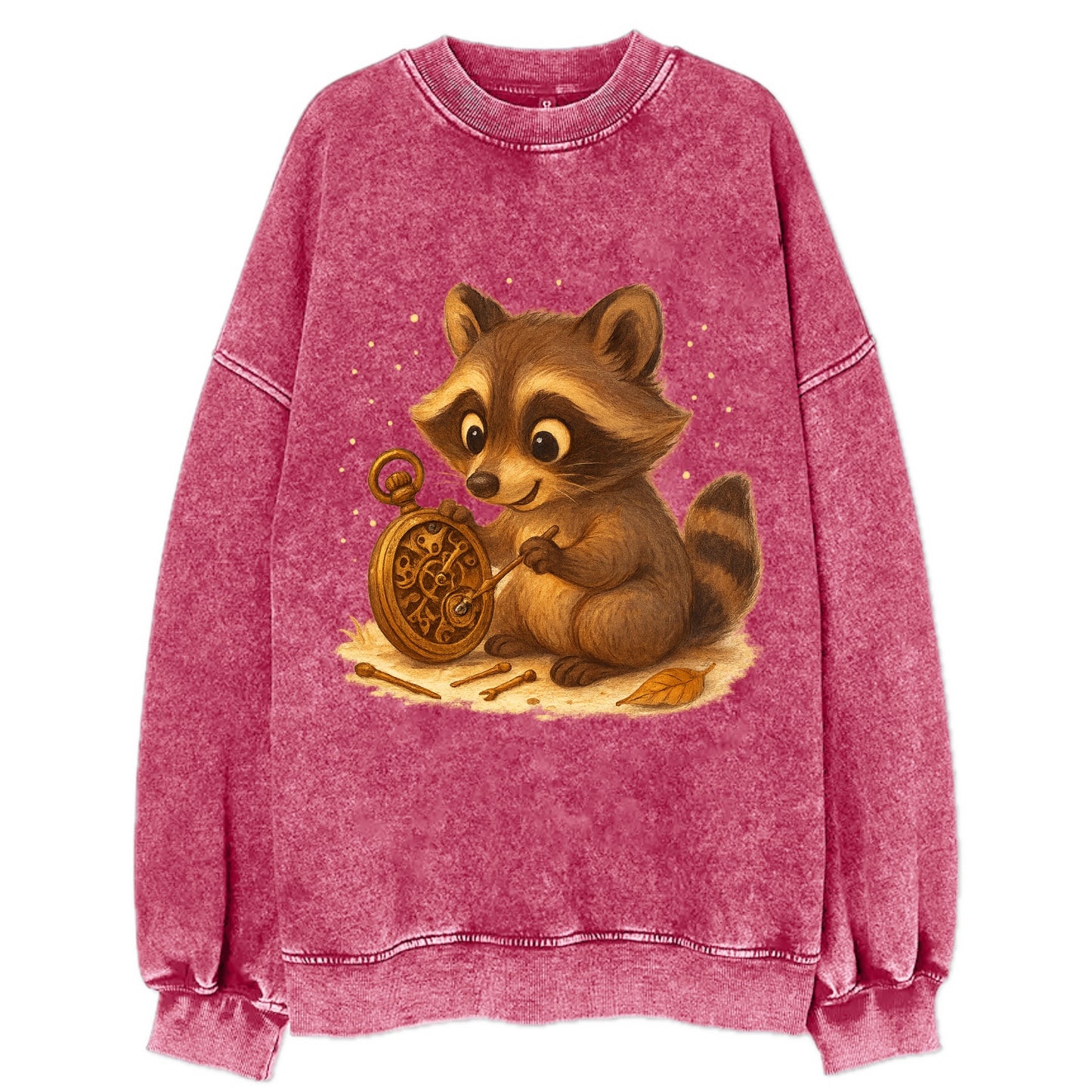 Raccoon tinkering with a steampunk pocket watch using tiny brass tools - Vintage Sweatshirt - Pink