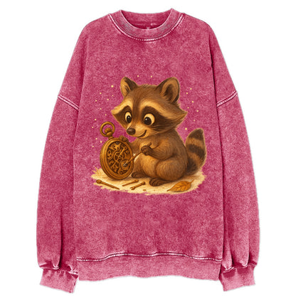 Raccoon tinkering with a steampunk pocket watch using tiny brass tools - Vintage Sweatshirt - Pink
