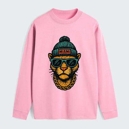 Florida Panther wearing Miami beanie with pom pom and wayfarer - Classic Long Sleeve Shirt - Pink