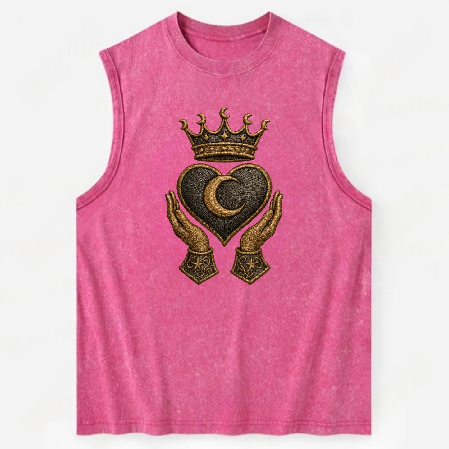 Moonlit crescent crown cradling a hematite heart with stargazer hands cupped - Vintage Washed Tank - Pink