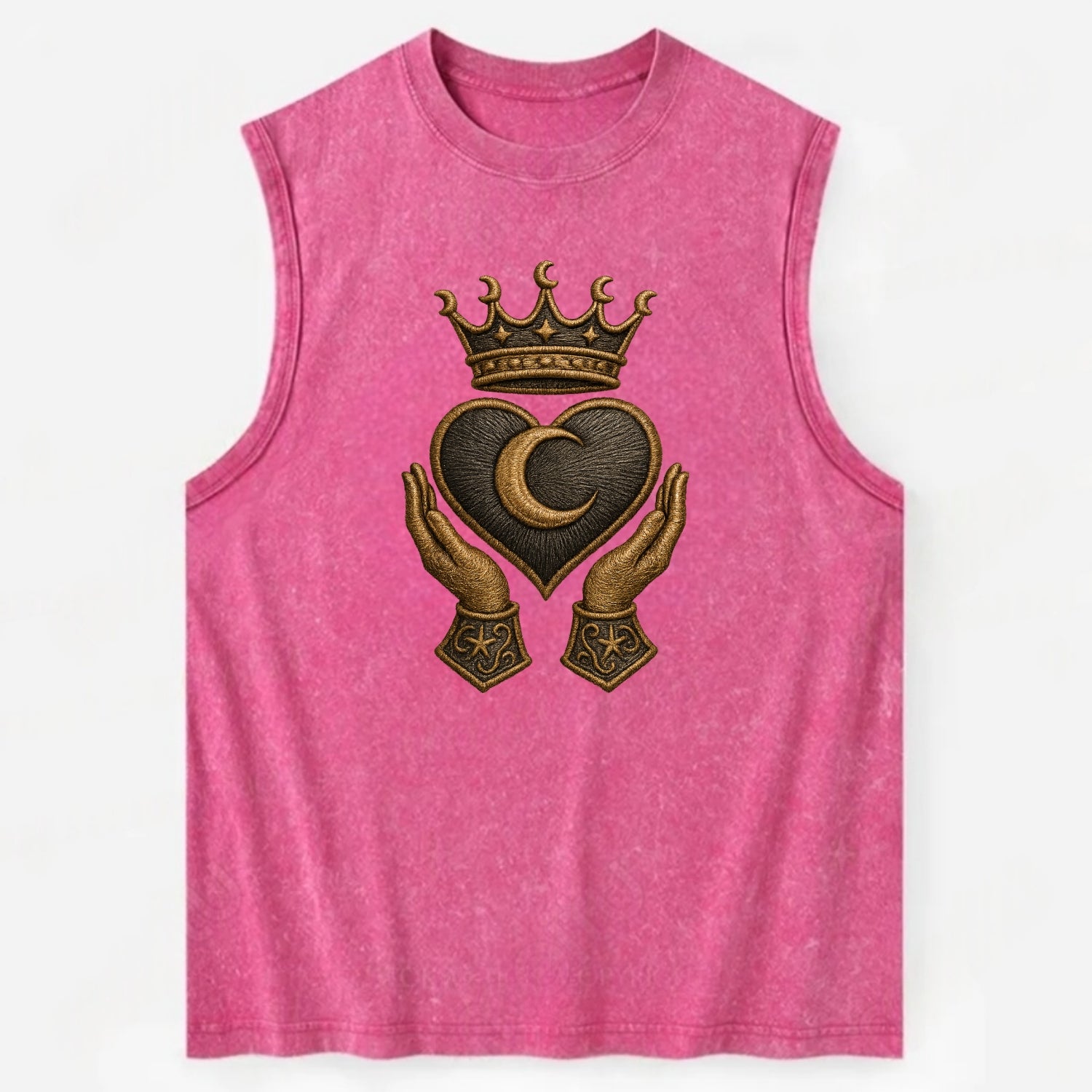 Moonlit crescent crown cradling a hematite heart with stargazer hands cupped - Vintage Washed Tank - Pink