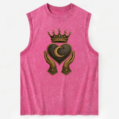 Moonlit crescent crown cradling a hematite heart with stargazer hands cupped - Vintage Washed Tank - Pink