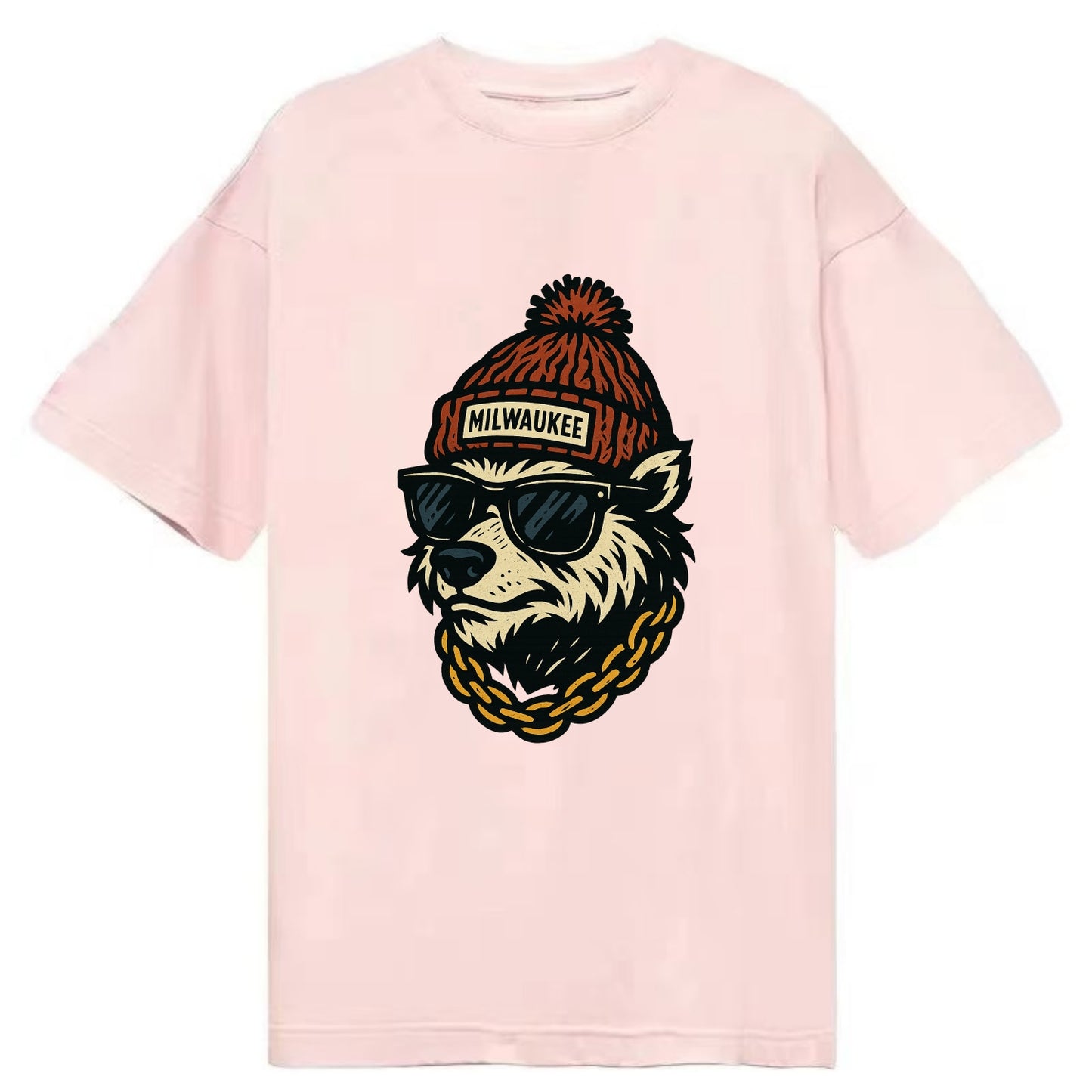 Milwaukee Badger wearing Milwaukee beanie with pom pom and wayfarer sunglasses - Classic T-shirt - Pink