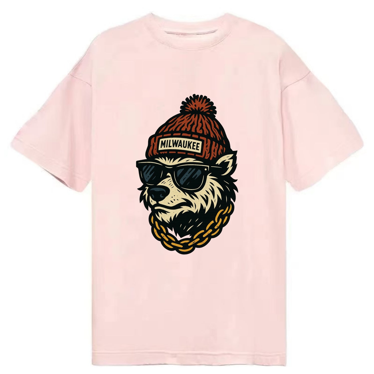 Milwaukee Badger wearing Milwaukee beanie with pom pom and wayfarer sunglasses - Classic T-shirt - Pink