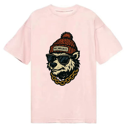 Milwaukee Badger wearing Milwaukee beanie with pom pom and wayfarer sunglasses - Classic T-shirt - Pink