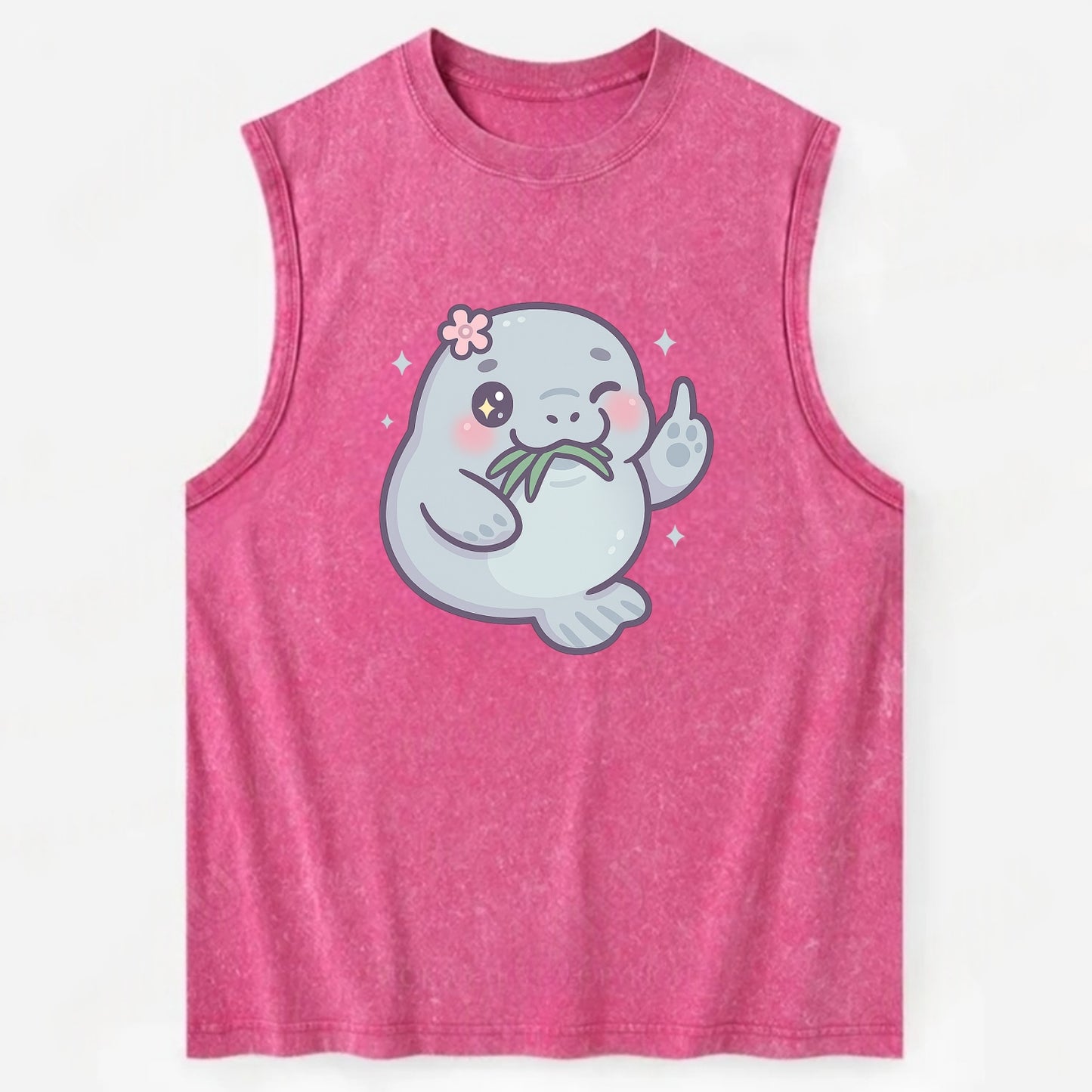 chubby manatee munching on seagrass, one flipper raised with sass - Vintage Washed Tank - Pink