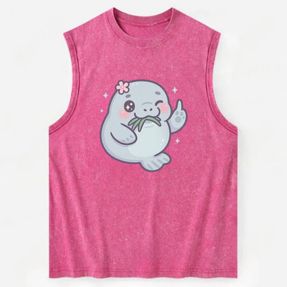 chubby manatee munching on seagrass, one flipper raised with sass - Vintage Washed Tank - Pink
