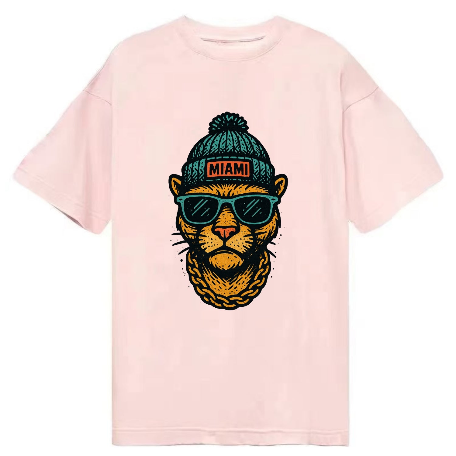 Florida Panther wearing Miami beanie with pom pom and wayfarer sunglasses - Classic T-shirt - Pink
