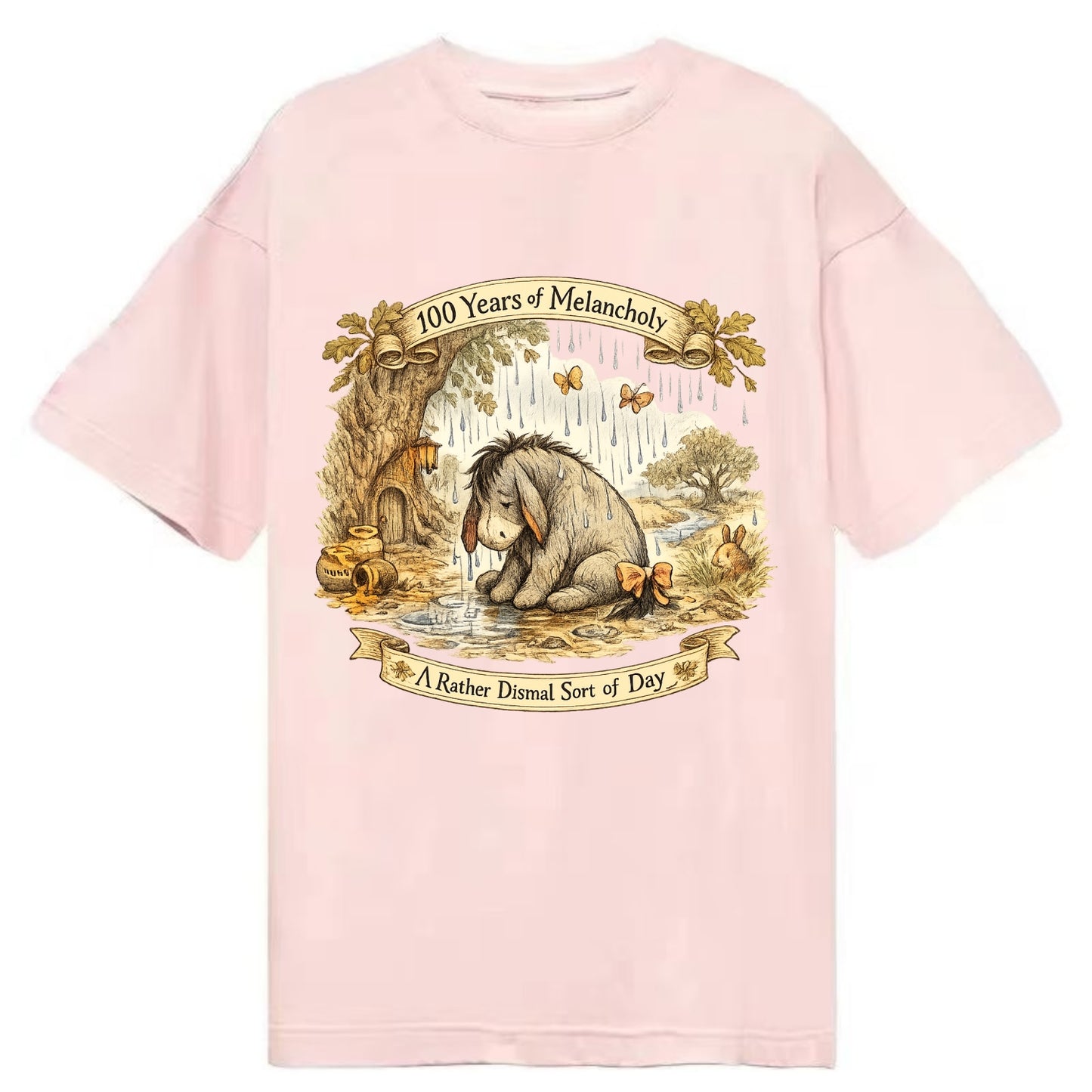 GLOOMY GLEN | Droopy figure in rain | Tattered tail bow | Pessimistic poetry | - Classic T-shirt - Pink