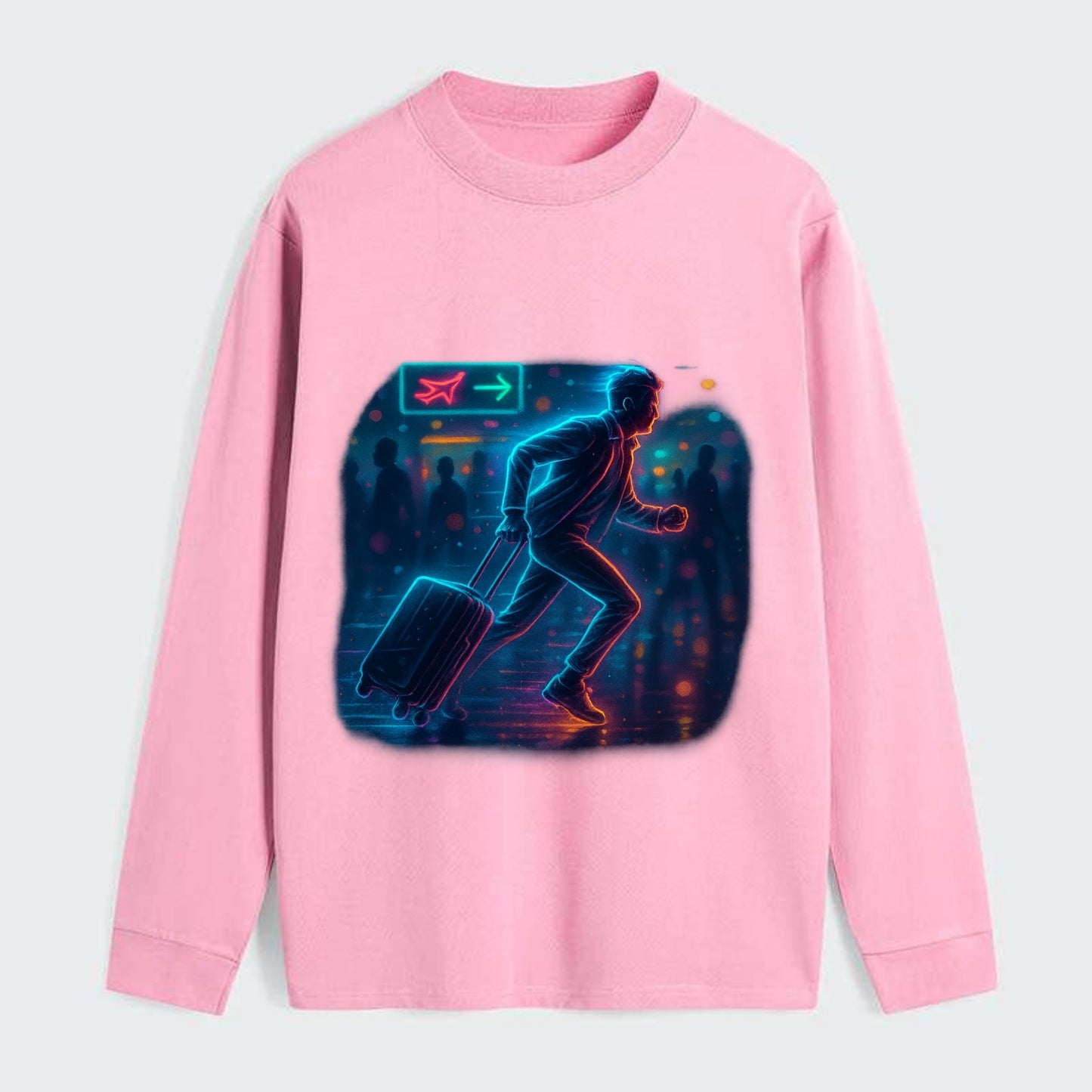 person running with luggage through crowded airport terminal - Classic Long Sleeve Shirt - Pink
