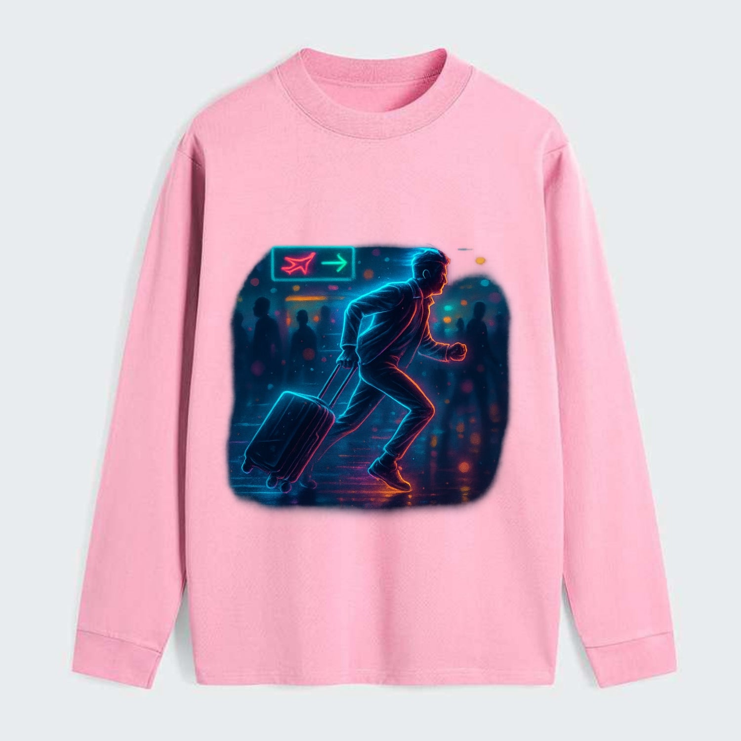 person running with luggage through crowded airport terminal - Classic Long Sleeve Shirt - Pink