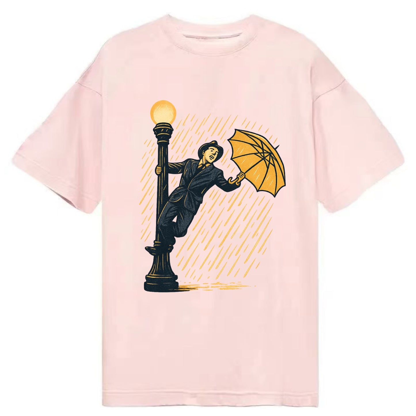 joyful dancing on lamppost in heavy rain with big smile - Classic T-shirt - Pink