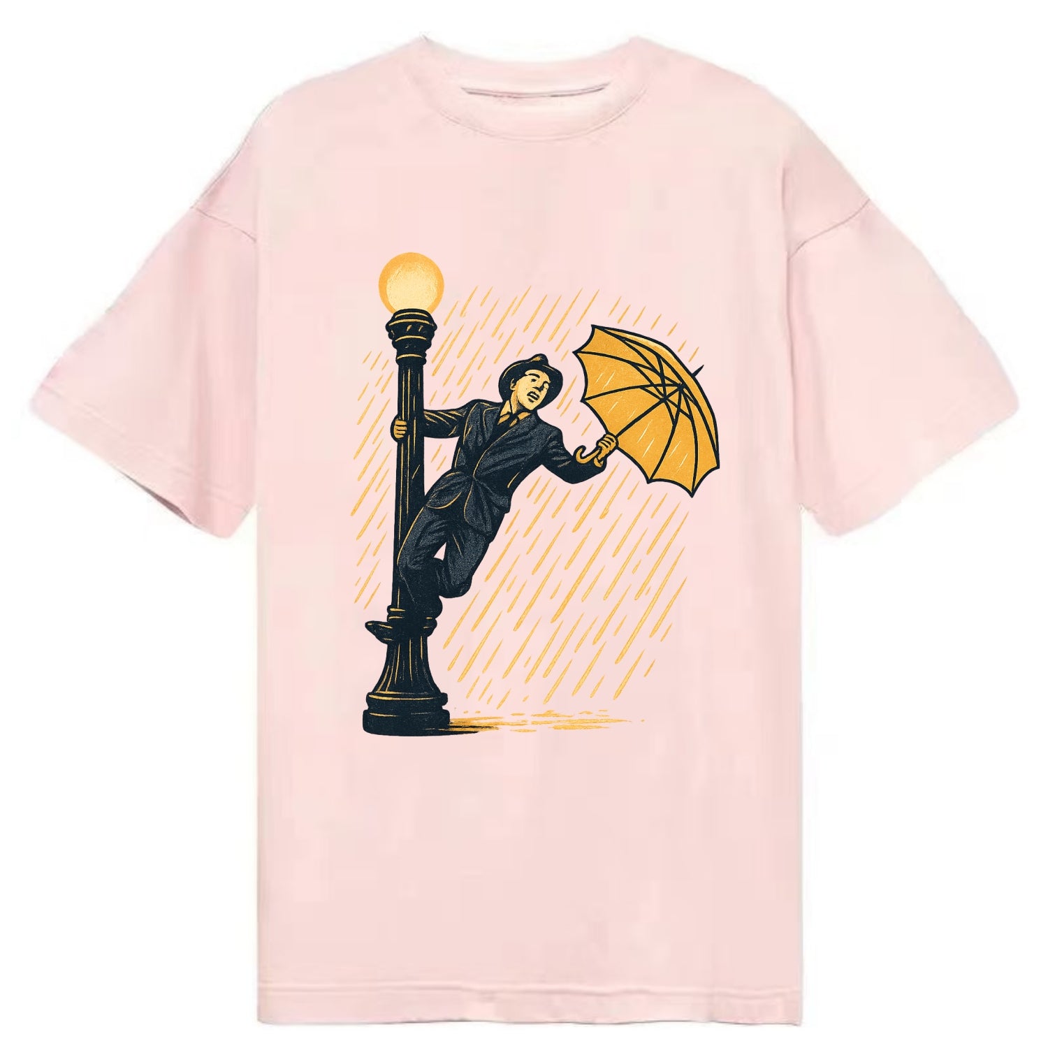joyful dancing on lamppost in heavy rain with big smile - Classic T-shirt - Pink