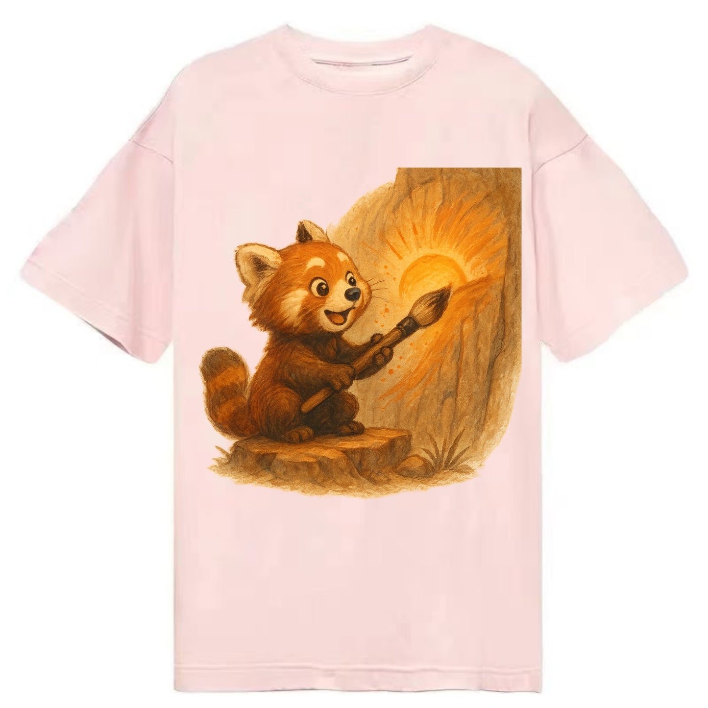 Red panda painting a sunrise mural with an oversized calligraphy brush on a cliff - Classic T-shirt - Pink