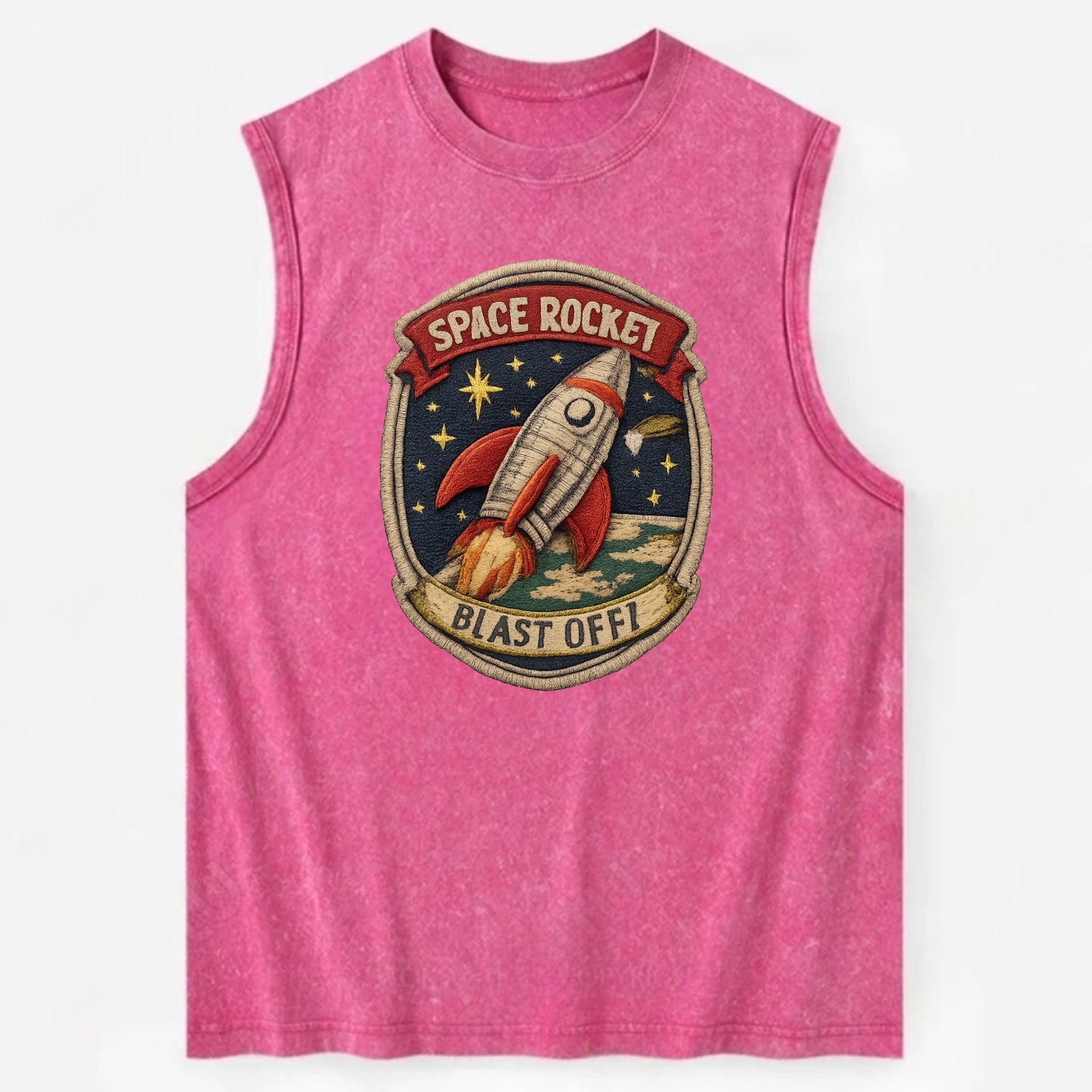 RETRO ROCKET - 1950s space rocket in silver and red , atomic age - Vintage Washed Tank - Pink