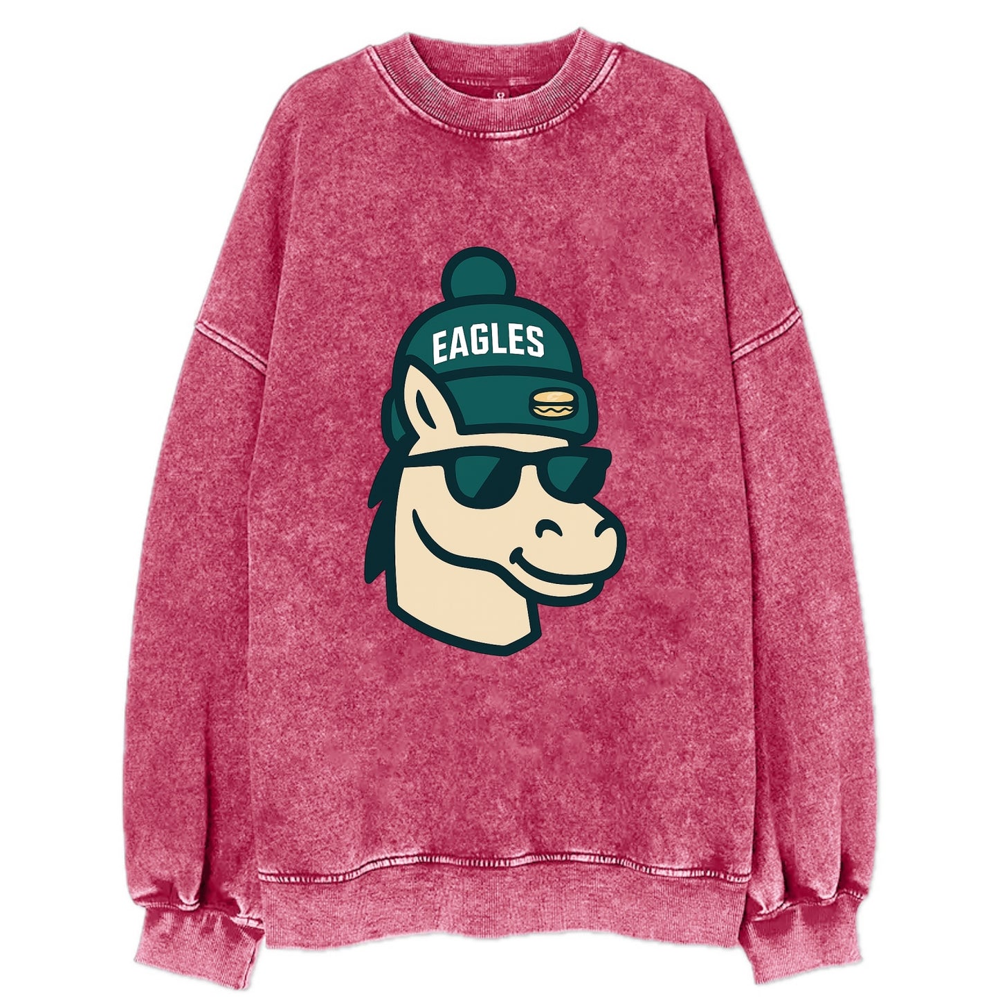 Philadelphia Horse wearing Eagles beanie with cheesesteak patch and wayfarer - Vintage Sweatshirt - Pink