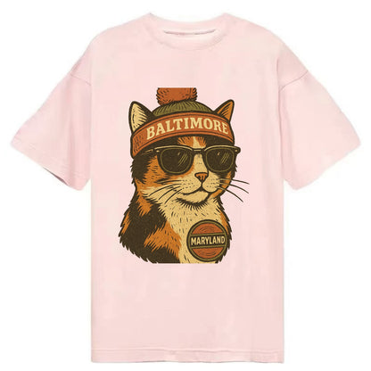 Maryland Calico Cat wearing Baltimore beanie with pom pom and wayfarer sunglasses - Classic T-shirt - Pink