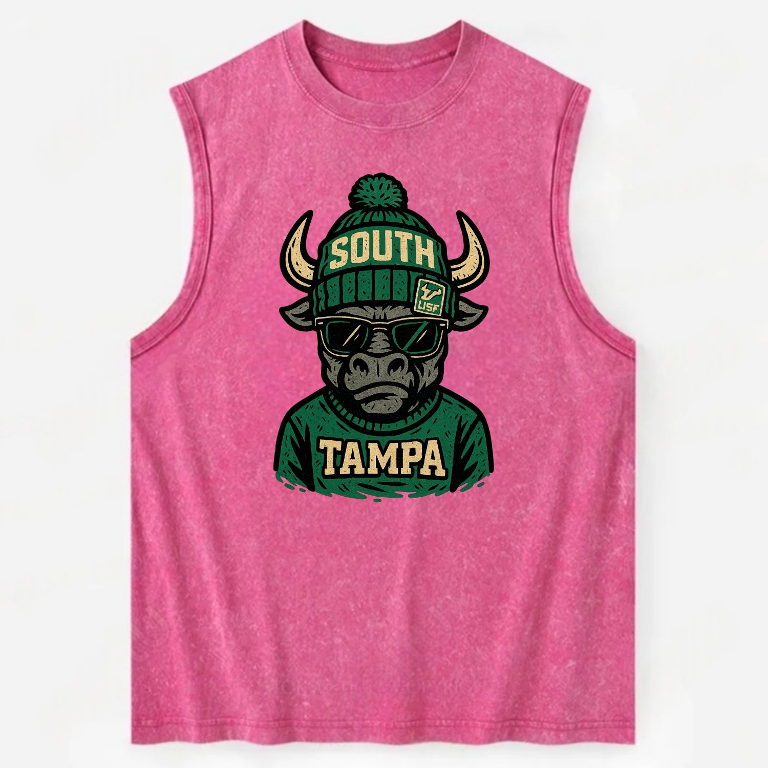 Tampa Bull wearing South Florida beanie with USF patch - Vintage Washed Tank - Pink
