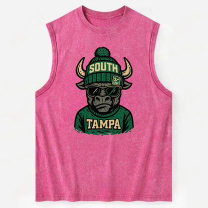 Tampa Bull wearing South Florida beanie with USF patch - Vintage Washed Tank - Pink