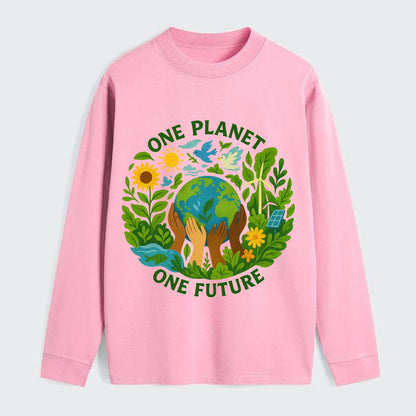 Globe surrounded by hands of all colors working together - "One Planet, - Classic Long Sleeve Shirt - Pink
