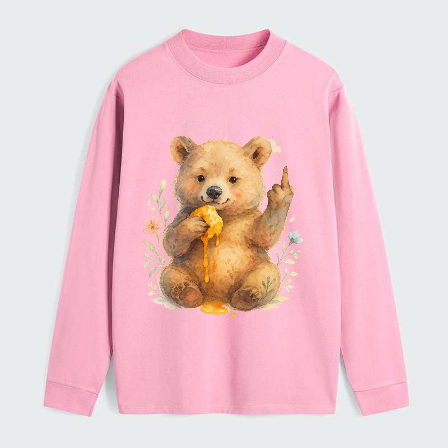 chubby bear cub eating dripping honey, sticky paw up with middle finger - Classic Long Sleeve Shirt - Pink