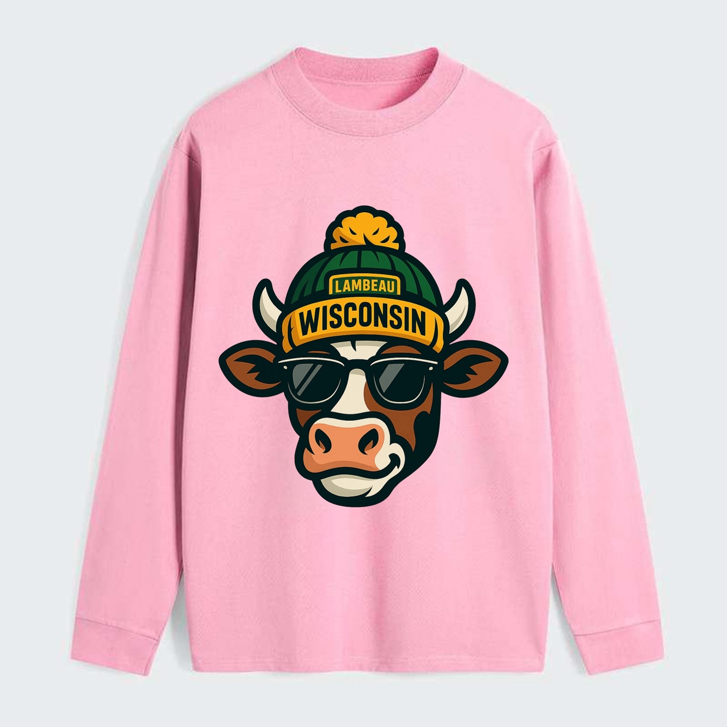 Wisconsin Cow wearing Packers beanie with Lambeau patch and wayfarer - Classic Long Sleeve Shirt - Pink