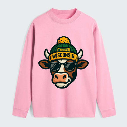 Wisconsin Cow wearing Packers beanie with Lambeau patch and wayfarer - Classic Long Sleeve Shirt - Pink