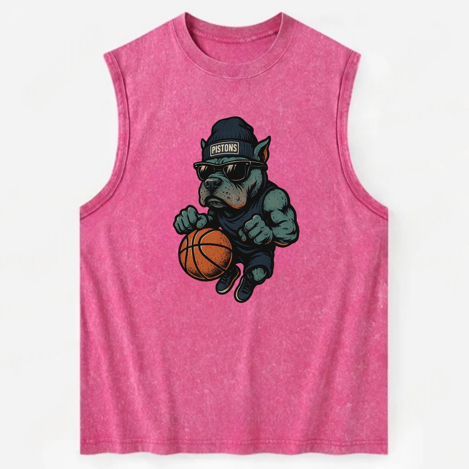 Detroit Pitbull wearing Pistons beanie with chrome patch and wayfarer - Vintage Washed Tank - Pink