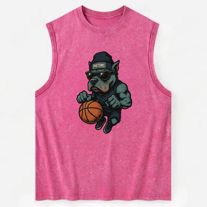 Detroit Pitbull wearing Pistons beanie with chrome patch and wayfarer - Vintage Washed Tank - Pink