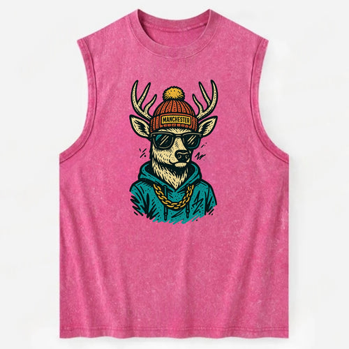 New Hampshire White-tailed Deer wearing Manchester beanie with pom pom and - Vintage Washed Tank