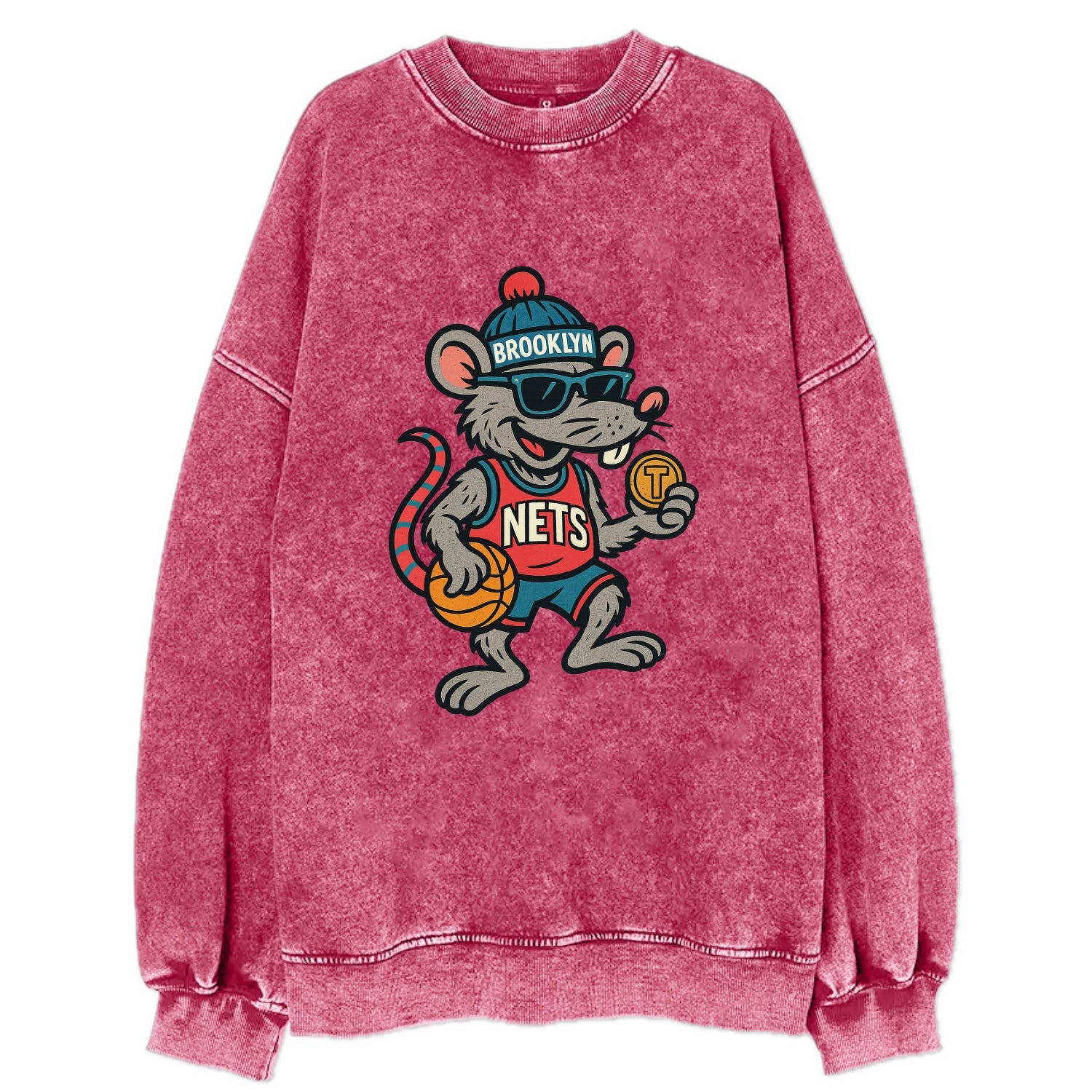 Brooklyn Rat wearing Nets beanie with subway token and wayfarer sunglasses - Vintage Sweatshirt - Pink