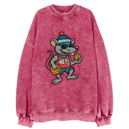 Brooklyn Rat wearing Nets beanie with subway token and wayfarer sunglasses - Vintage Sweatshirt - Pink