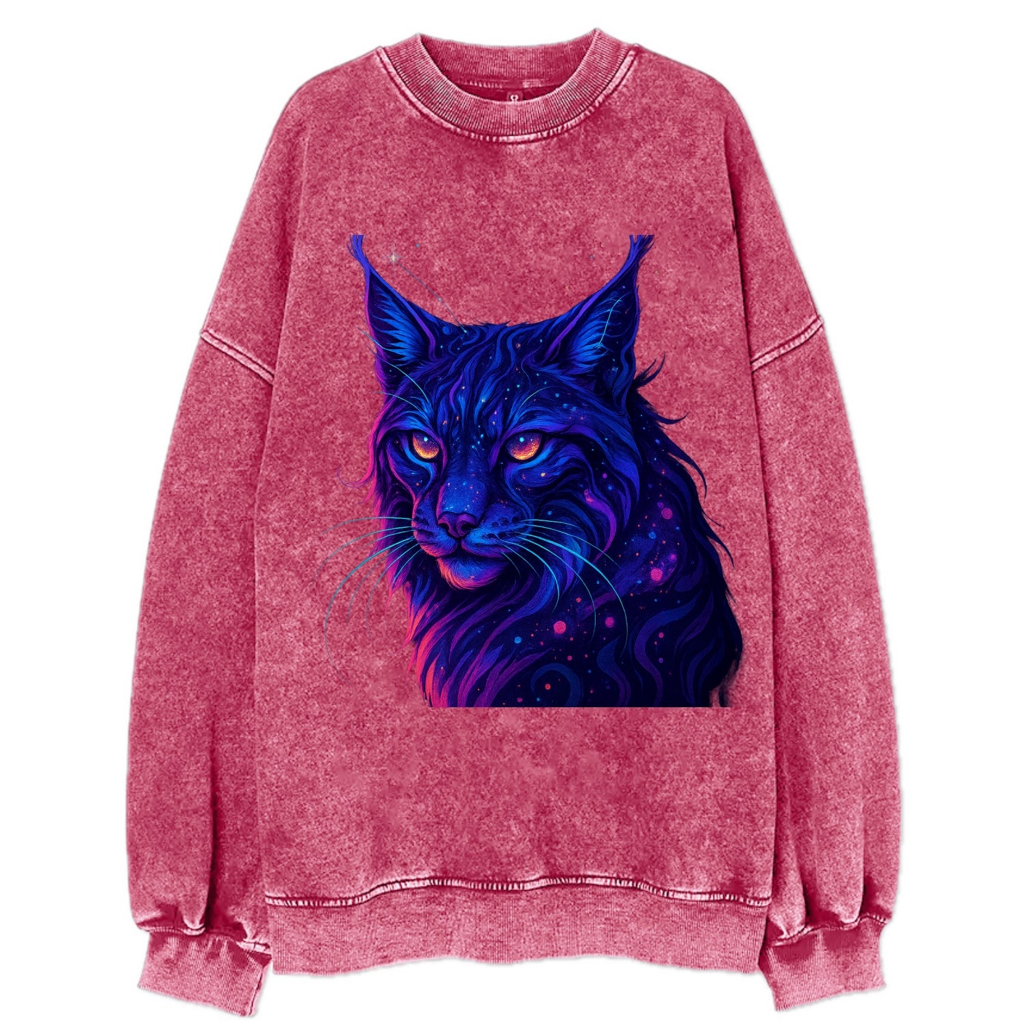 Stealthy lynx with ear tufts forming constellation patterns, nebula spots - Vintage Sweatshirt - Pink