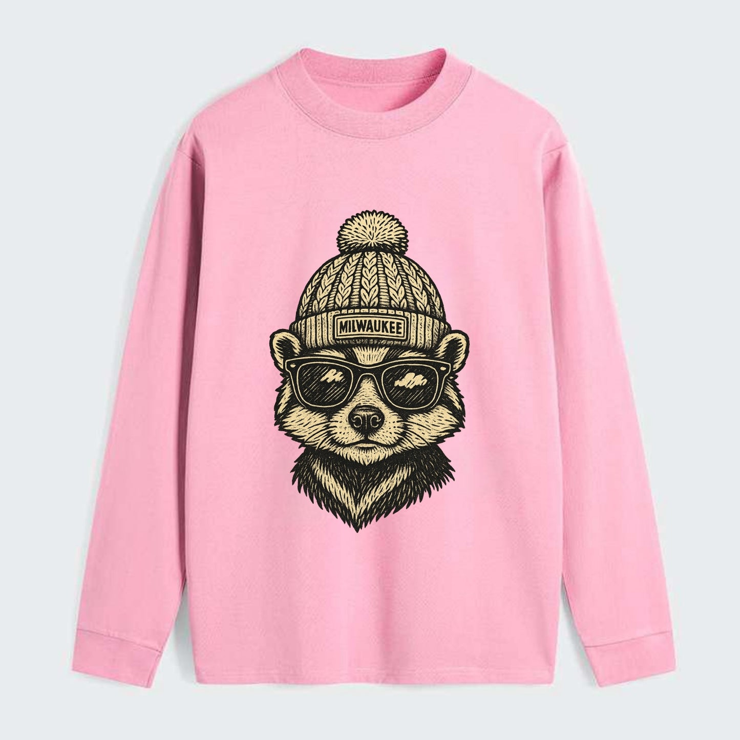 Wisconsin Badger wearing Milwaukee beanie with pom pom and wayfarer - Classic Long Sleeve Shirt - Pink