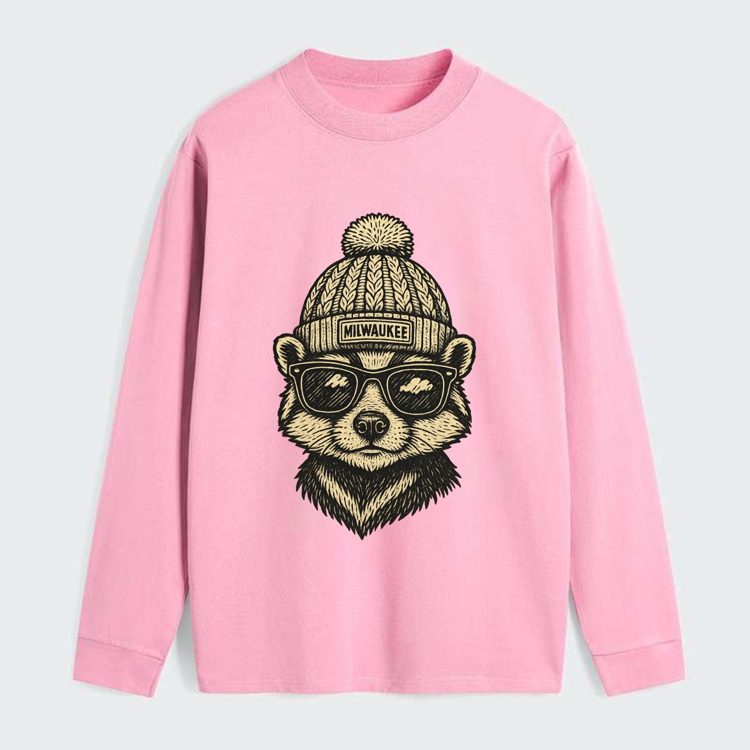 Wisconsin Badger wearing Milwaukee beanie with pom pom and wayfarer - Classic Long Sleeve Shirt - Pink