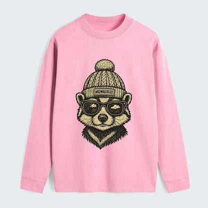 Wisconsin Badger wearing Milwaukee beanie with pom pom and wayfarer - Classic Long Sleeve Shirt - Pink