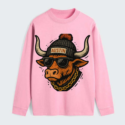 Texas Longhorn wearing Austin beanie with pom pom and wayfarer - Classic Long Sleeve Shirt - Pink